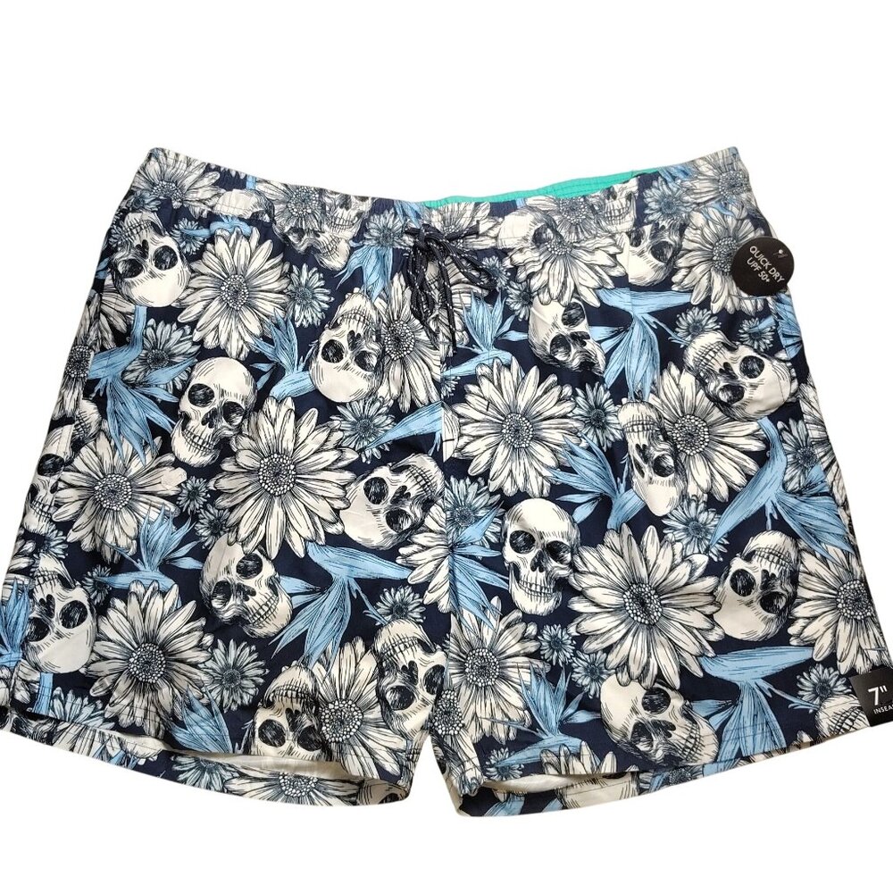 No Boundaries Mens 2XL Blue Skull and Floral UPF 50+ Quick-Dry Swim Trunks
